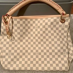 White and blue checkered bag